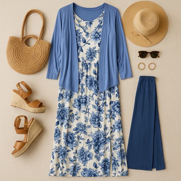 Kim Gravel Blue Floral Maxi Dress Set 1X Tall - Picture 2 of 11